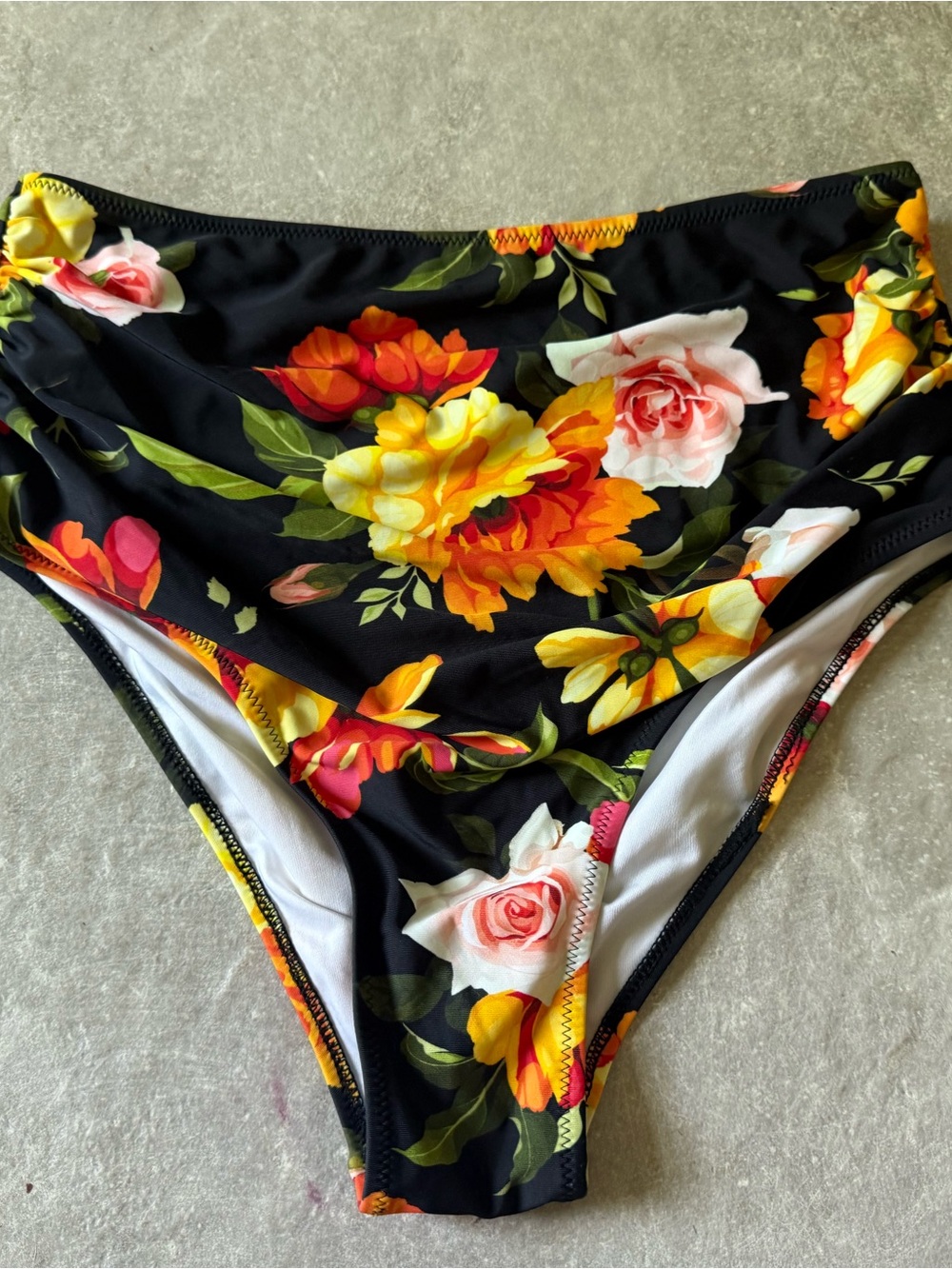 High-Waist Floral Bikini Bottom - Black with Yellow & Pink Flowers